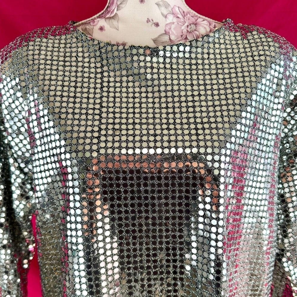 Vintage Silver Metallic Liquid Metal Top Tunic Medium 1980s Disco Party Glam - Picture 5 of 17